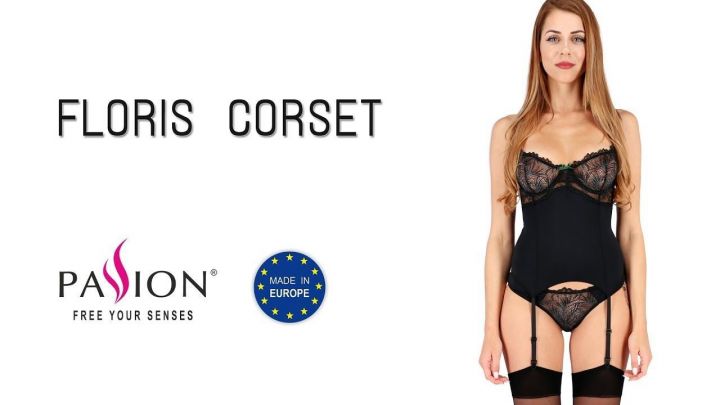 Корсет с пажами FLORIS CORSET black XXL/XXXL - Passion Exclusive, трусики