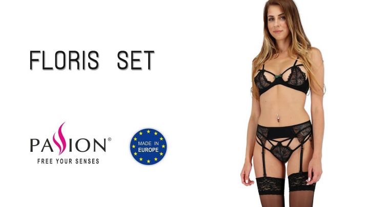 Комплект белья FLORIS SET black L/XL - Passion Exclusive: лиф, трусики, пояс для чулок