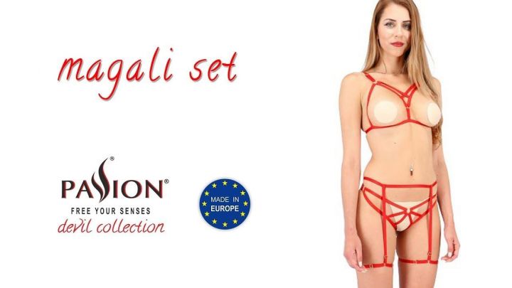 Комплект белья MAGALI SET OpenBra red S/M - Passion Exclusive: стрэпы: лиф, трусики и пояс