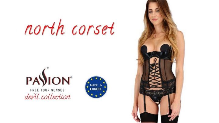 Корсет с открытой грудью NORTH CORSET black L/XL - Passion Exclusive, пажи, трусики, шнуровка