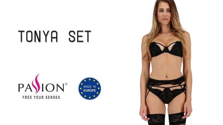 Комплект белья TONYA SET black L/XL - Passion Exclusive: трусики, лиф, пояс для чулок