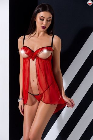 Прозрачный пеньюар с открытой грудью CHERRY CHEMISE red L/XL - Passion Exclusive, трусики