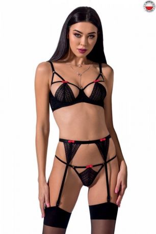 Комплект белья PERDITA SET black L/XL - Passion Exclusive: стрэпы: лиф, стринги и пояс для чулок