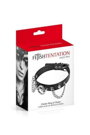 Ошейник цепочками, шипами и кольцом Fetish Tentation Choker Rings and Chains, экокожа