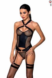 Сетчатый комплект корсет с халтером, съемные подвязки и трусики Amanda Corset black L/XL - Passion