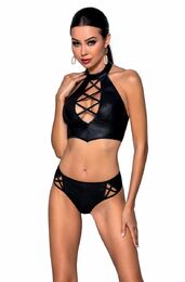 Комплект из эко-кожи: бра и трусики с имитацией шнуровки Nancy Bikini black L/XL - Passion