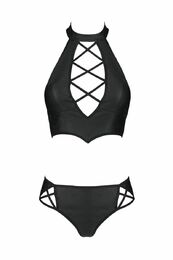 Комплект из эко-кожи: бра и трусики с имитацией шнуровки Nancy Bikini black L/XL - Passion