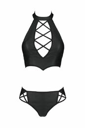 Комплект из эко-кожи: бра и трусики с имитацией шнуровки Nancy Bikini black S/M - Passion