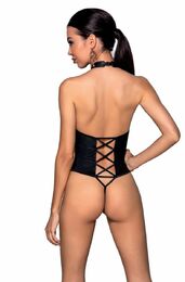 Боди из эко-кожи с имитацией шнуровки и открытым доступом Nancy Body black S/M - Passion