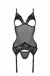 Корсет Passion Christa Corset black L/XL: с подвязками и ажурным лифом, стринги в комплекте