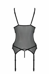 Корсет Passion Christa Corset black L/XL: с подвязками и ажурным лифом, стринги в комплекте