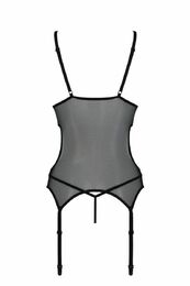 Корсет Passion Christa Corset black S/M: с подвязками и ажурным лифом, стринги в комплекте