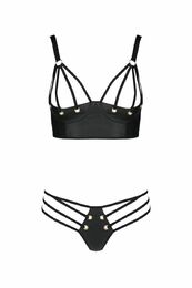 Комплект из эко-кожи Passion Malwia Bikini black XXL/XXXL: с люверсами и ремешками, бра и трусики