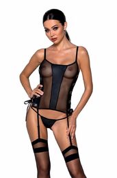 Сетчатый корсет из эко-кожи Passion Malwia Corset black S/M: с люверсами и съемными пажами