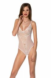 Боди Passion Ursula Body white S/M, с ажурным декором и открытым шагом