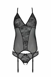 Корсет Passion Ursula Corset black S/M, с пажами, трусики с ажурным декором и открытым шагом