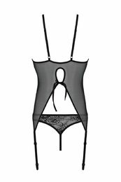 Корсет Passion Ursula Corset black S/M, с пажами, трусики с ажурным декором и открытым шагом