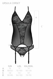 Корсет Passion Ursula Corset black S/M, с пажами, трусики с ажурным декором и открытым шагом