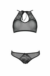 Комплект Passion URSULA SET black L/XL: бра, трусики с ажурным декором и открытым шагом