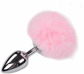 Металлическая анальная пробка Кроличий хвостик Alive Fluffly Plug L Pink