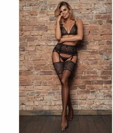 Комплект с поясом Obsessive Ailay 3 pcs set with garter belt black L/X