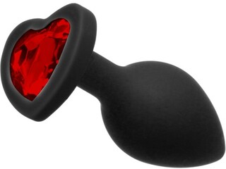 Анальная пробка с камнем Black Silicone Heart Red M