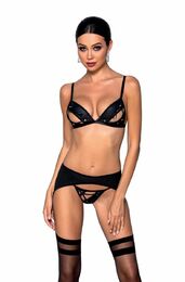 Комплект из эко-кожи Passion Miley Set black S/M: трусики, бюстгальтер, пояс для чулок