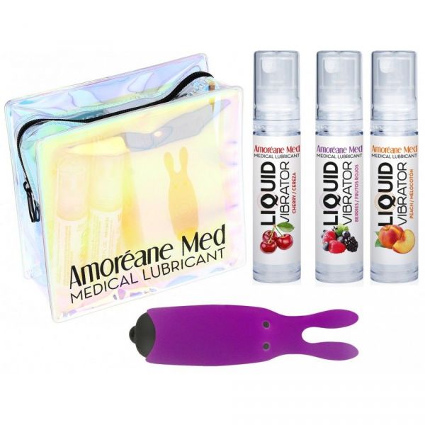 Набор из 3-х вкусов стимулирующего лубриканта Amoreane Med (3х10мл) и вибропули Adrien Lastic Purple