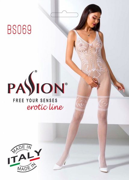 Бодистокинг Passion BS069 white, комбинезон, имитация чулок и боди