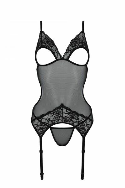 Корсет Passion Christa Corset black L/XL: с подвязками и ажурным лифом, стринги в комплекте