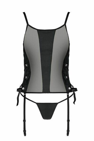 Сетчатый корсет из эко-кожи Passion Malwia Corset black S/M: с люверсами и съемными пажами