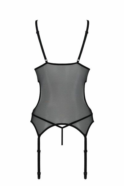 Корсет Passion Christa Corset black S/M: с подвязками и ажурным лифом, стринги в комплекте