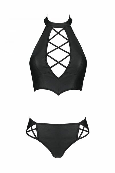 Комплект из эко-кожи: бра и трусики с имитацией шнуровки Nancy Bikini black L/XL - Passion