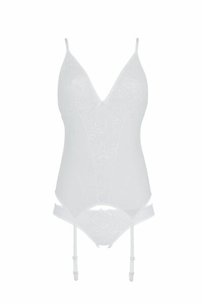 Корсет Passion Ursula Corset white S/M, с пажами, трусики с ажурным декором и открытым шагом