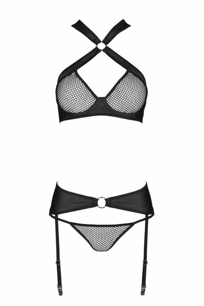 Сетчатый набор: бюстгальтер с халтером, трусики и пояс для чулок Amanda Set black L/XL - Passion