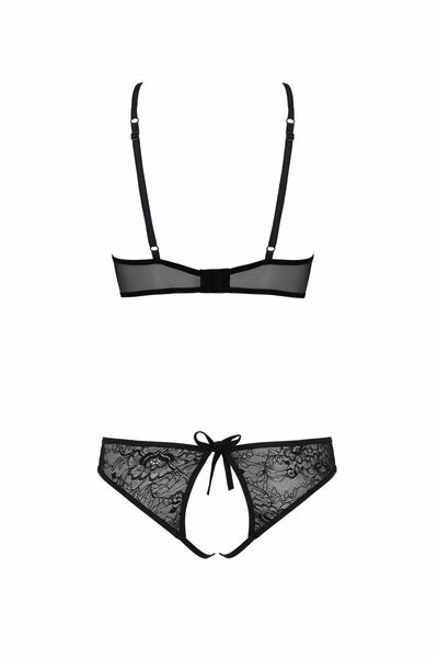 Комплект Passion URSULA SET black XXL/XXXL: бра, трусики с ажурным декором и открытым шагом