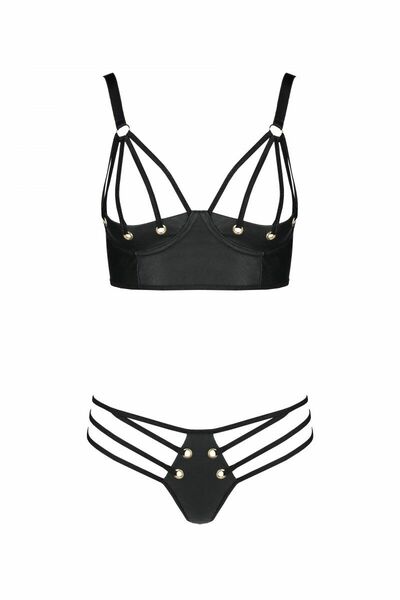 Комплект из эко-кожи Passion Malwia Bikini black L/XL: с люверсами и ремешками, бра и трусики