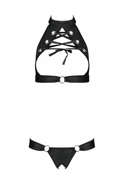 Комплект из эко-кожи Passion Malwia Set with Open Bra black L/XL: топ и трусики с люверсами