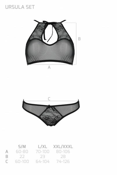 Комплект Passion URSULA SET black XXL/XXXL: бра, трусики с ажурным декором и открытым шагом
