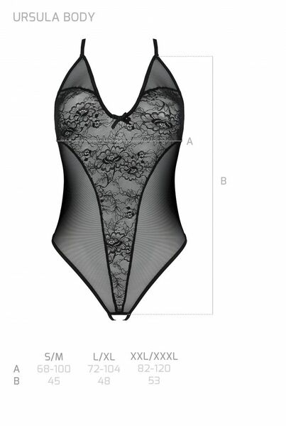 Боди Passion Ursula Body black S/M, с ажурным декором и открытым шагом