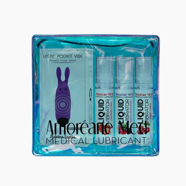 Набор из 3-х вкусов стимулирующего лубриканта Amoreane Med (3х10мл) и вибропули Adrien Lastic Purple