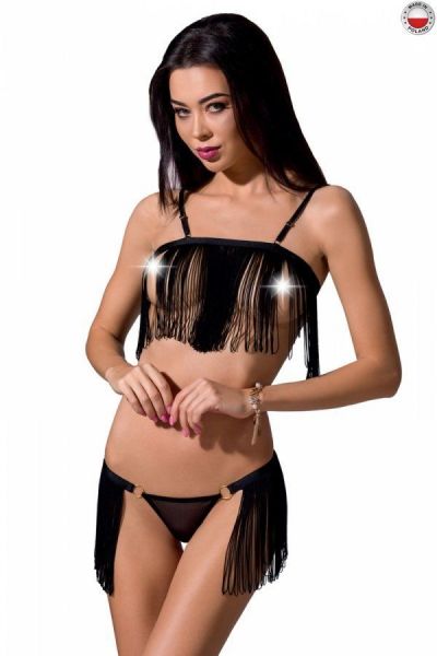 Комплект белья KASSANDRA SET OpenBra black XXL/3XL - Passion Exclusive: лиф из бахромы, трусики-юбка