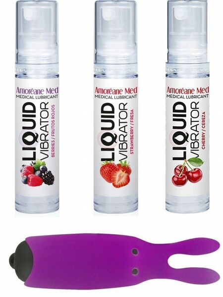 Набор из 3-х вкусов стимулирующего лубриканта Amoreane Med (3х10мл) и вибропули Adrien Lastic Purple