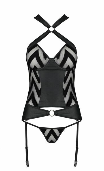 Сетчатый комплект с узором: корсет с халтером, подвязки, трусики Hima Corset black XXL/XXXL-Passion