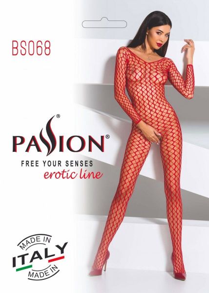 Бодистокинг Passion BS068 red, комбинезон, крупная сетка, длинный рукав