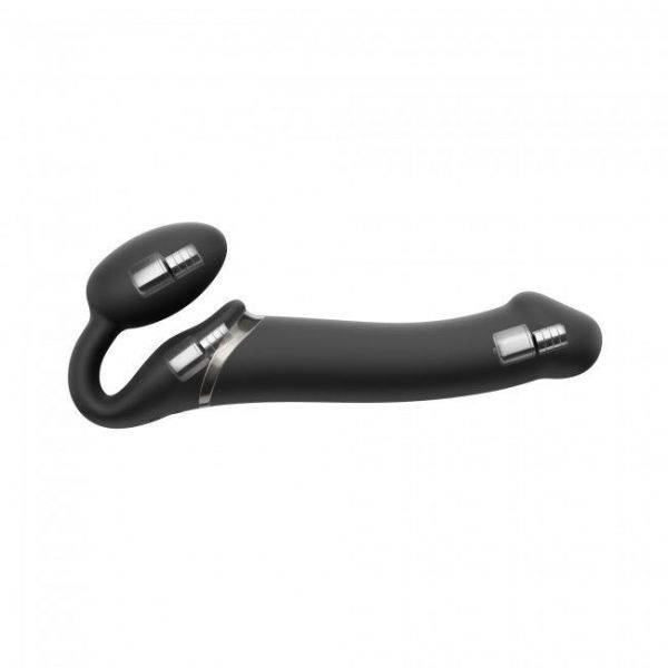 Безремневой страпон с вибрацией Strap-On-Me Vibrating Black M, диаметр 3,3см, пульт ДУ, регулируемый