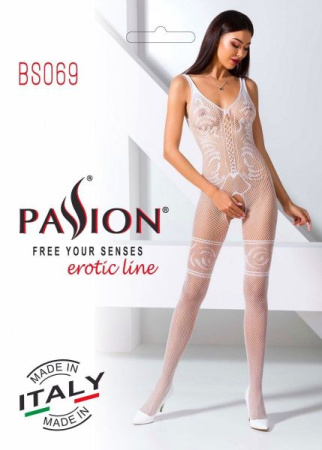 Бодистокинг Passion BS069 white, комбинезон, имитация чулок и боди || 