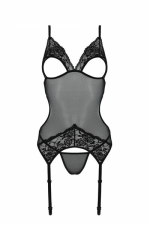 Корсет Passion Christa Corset black L/XL: с подвязками и ажурным лифом, стринги в комплекте || 