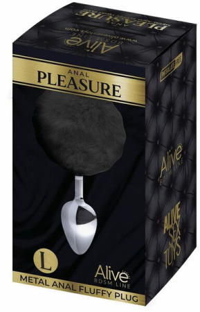 Металлическая анальная пробка Кроличий хвостик Alive Fluffly Plug L Black || 