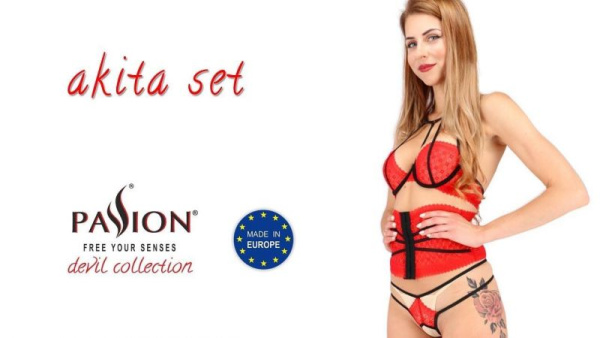 Комплект белья AKITA SET red S/M - Passion Exclusive: широкий пояс, лиф, стринги